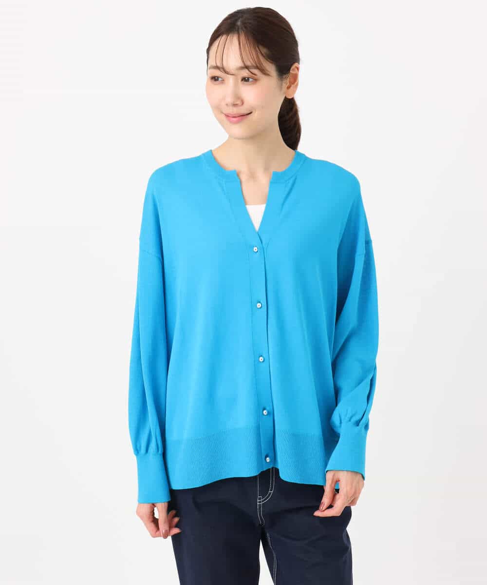 F1SGD42150 MK MICHEL KLEIN(小さいサイズ)(メゾン ドゥ サンク) 【小さいサイズ】キーネックカーディガン/接触冷感/UVカット/洗える ブルー