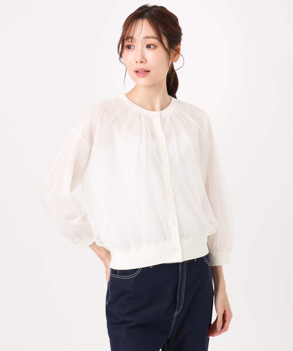 F1SGD50160 MK MICHEL KLEIN(小さいサイズ)(メゾン ドゥ サンク) 【小さいサイズ】[洗える]チュールシアーニットカーディガン ホワイト