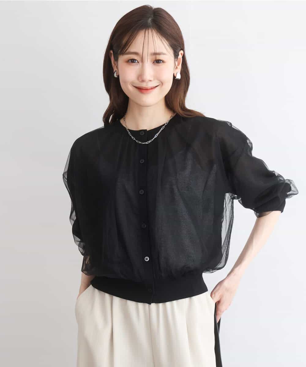 F1SGD50160 MK MICHEL KLEIN(小さいサイズ)(メゾン ドゥ サンク) 【小さいサイズ】[洗える]チュールシアーニットカーディガン ブラック