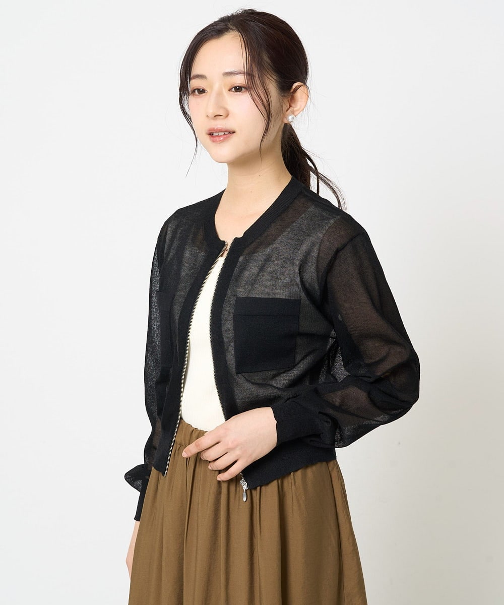 F1SHA52160 MK MICHEL KLEIN(小さいサイズ)(メゾン ドゥ サンク) 【小さいサイズ】ダブルジップシアーニットブルゾン/接触冷感/洗える ライトグレー