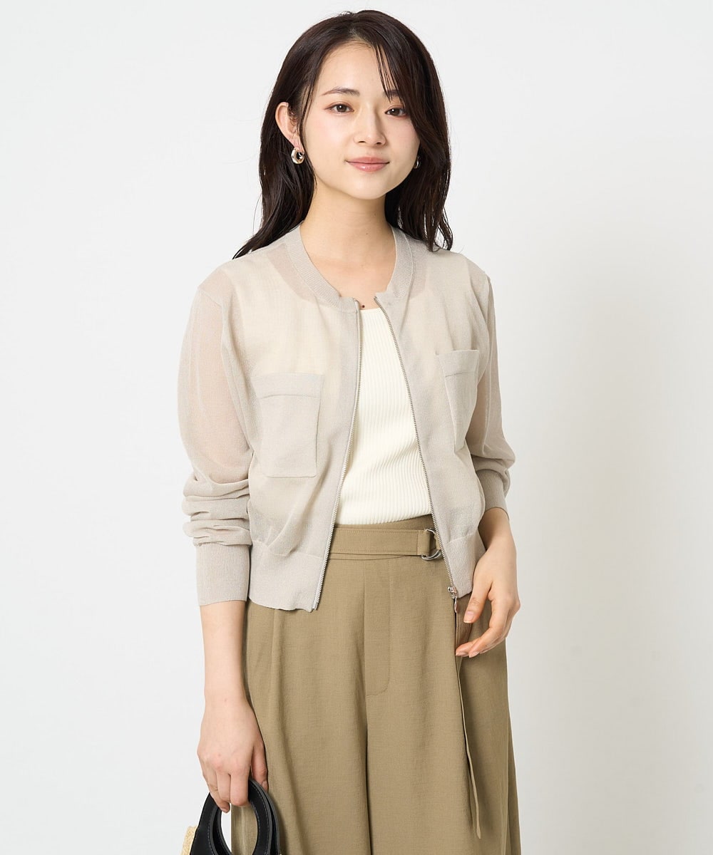 F1SHA52160 MK MICHEL KLEIN(小さいサイズ)(メゾン ドゥ サンク) 【小さいサイズ】ダブルジップシアーニットブルゾン/接触冷感/洗える ライトグレー