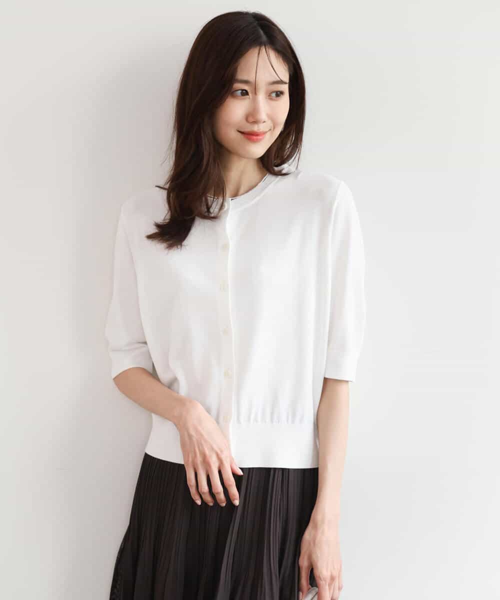 F1SHD60130 MK MICHEL KLEIN(小さいサイズ)(メゾン ドゥ サンク) 【小さいサイズ】[UVカット/接触冷感/洗える]5分袖ニットカーディガン レモンイエロー