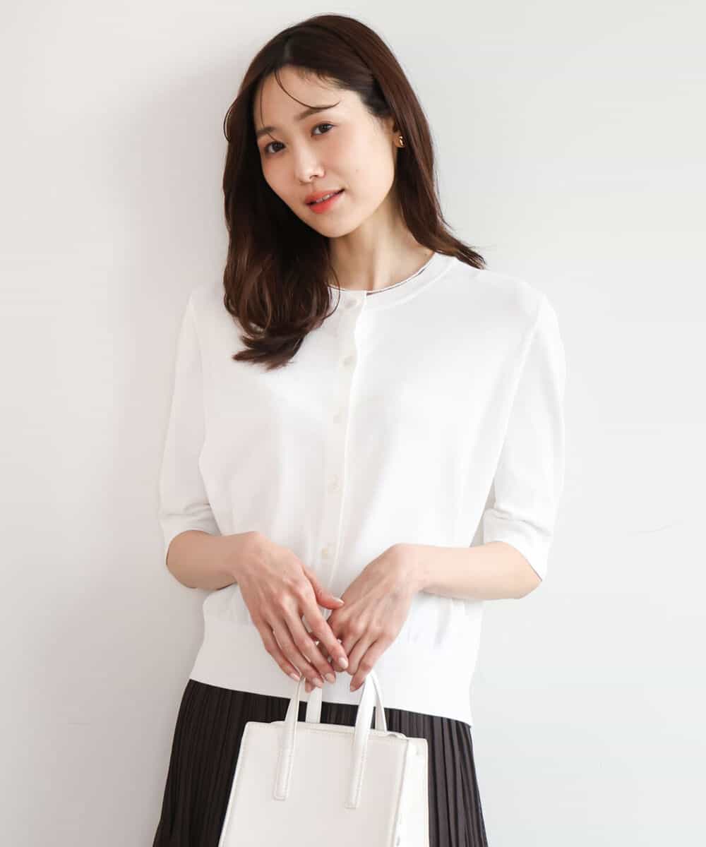 F1SHD60130 MK MICHEL KLEIN(小さいサイズ)(メゾン ドゥ サンク) 【小さいサイズ】[UVカット/接触冷感/洗える]5分袖ニットカーディガン レモンイエロー