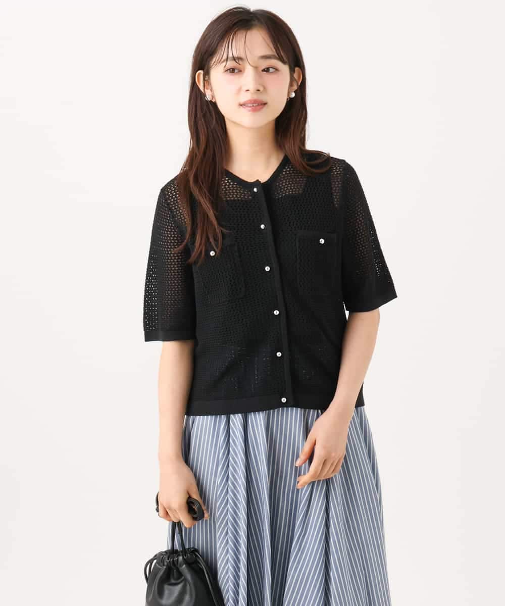 F1SID70140 MK MICHEL KLEIN(小さいサイズ)(メゾン ドゥ サンク) 【小さいサイズ】[洗える]メッシュ編み半袖ジャケットライクニット ライトブルー