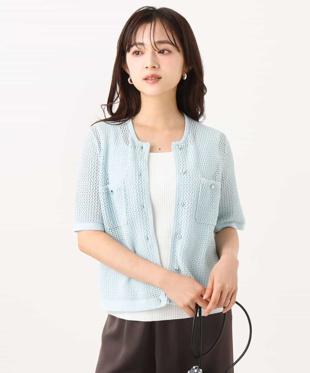 F1SID70140 MK MICHEL KLEIN(小さいサイズ)(メゾン ドゥ サンク) 【小さいサイズ】[洗える]メッシュ編み半袖ジャケットライクニット ライトブルー