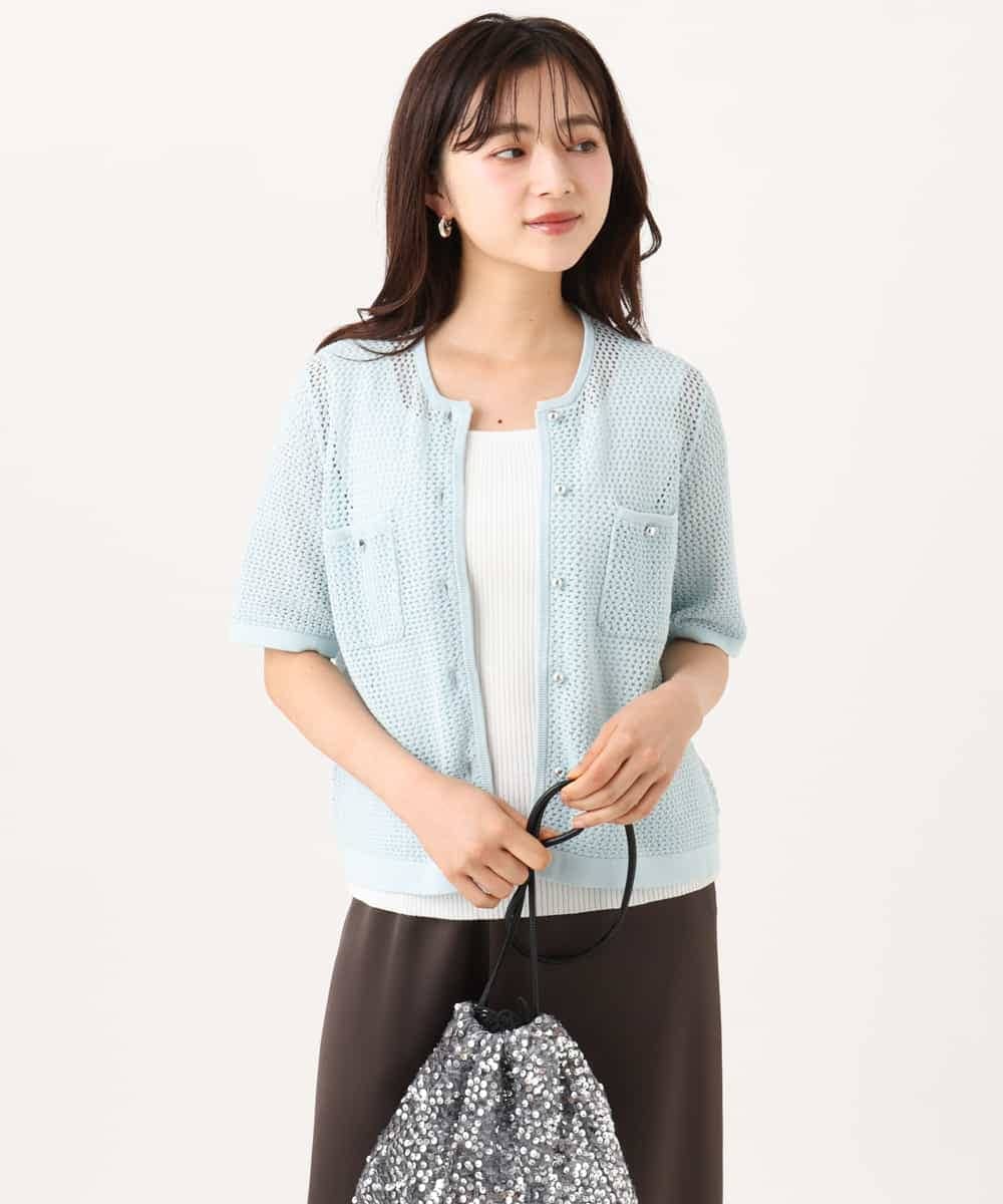 F1SID70140 MK MICHEL KLEIN(小さいサイズ)(メゾン ドゥ サンク) 【小さいサイズ】[洗える]メッシュ編み半袖ジャケットライクニット ライトブルー