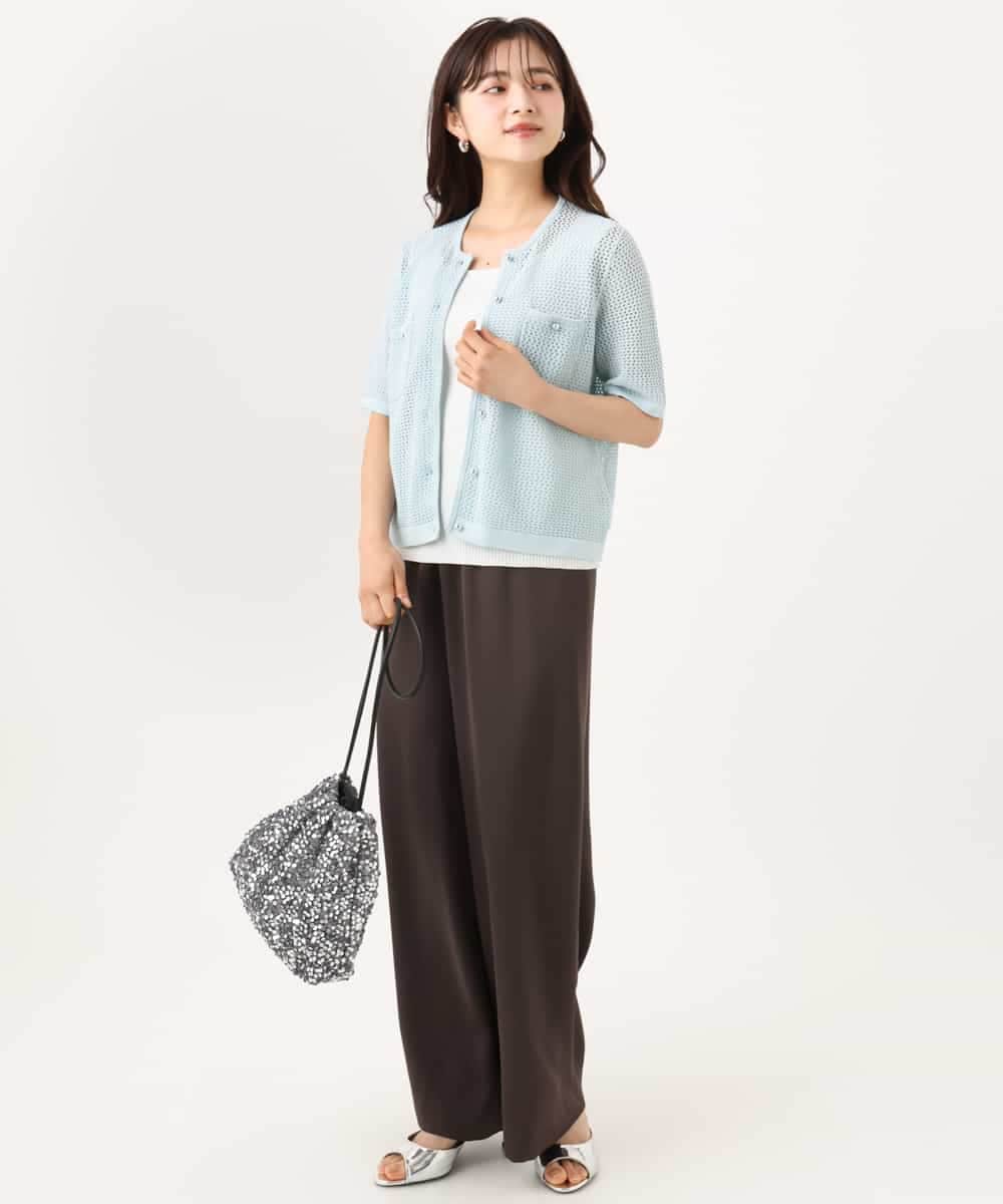 F1SID70140 MK MICHEL KLEIN(小さいサイズ)(メゾン ドゥ サンク) 【小さいサイズ】[洗える]メッシュ編み半袖ジャケットライクニット ライトブルー