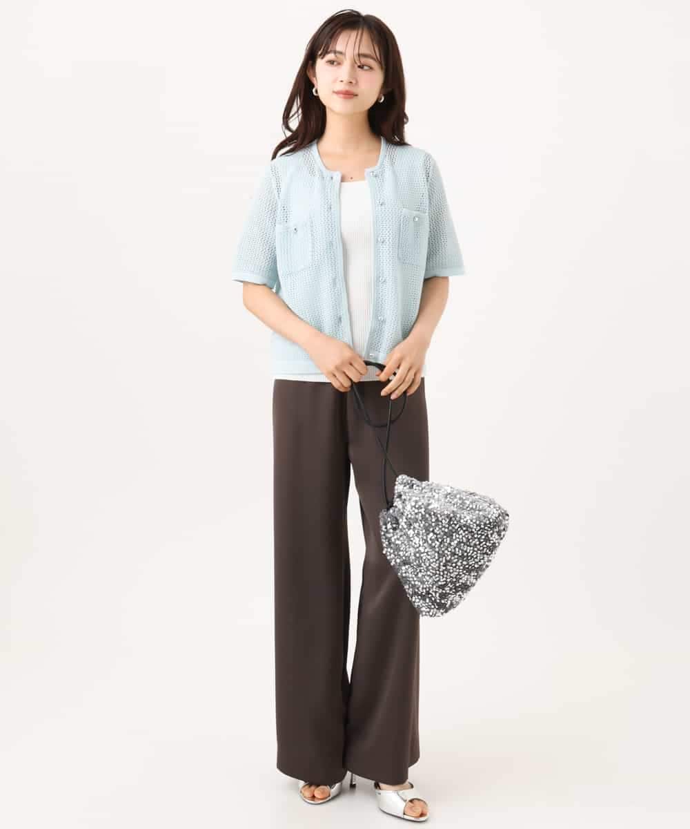 F1SID70140 MK MICHEL KLEIN(小さいサイズ)(メゾン ドゥ サンク) 【小さいサイズ】[洗える]メッシュ編み半袖ジャケットライクニット ライトブルー