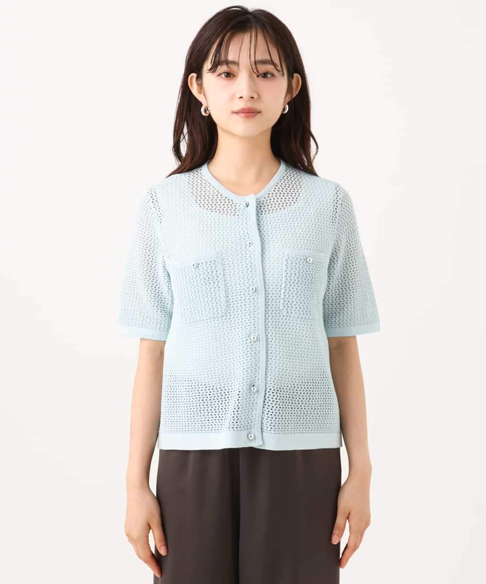 F1SID70140 MK MICHEL KLEIN(小さいサイズ)(メゾン ドゥ サンク) 【小さいサイズ】[洗える]メッシュ編み半袖ジャケットライクニット ライトブルー