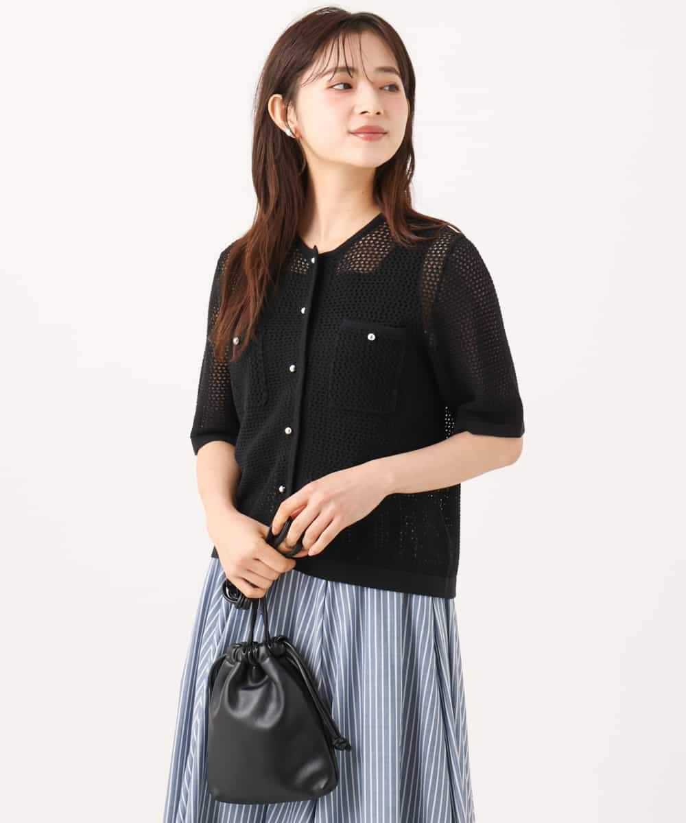 F1SID70140 MK MICHEL KLEIN(小さいサイズ)(メゾン ドゥ サンク) 【小さいサイズ】[洗える]メッシュ編み半袖ジャケットライクニット ブラック
