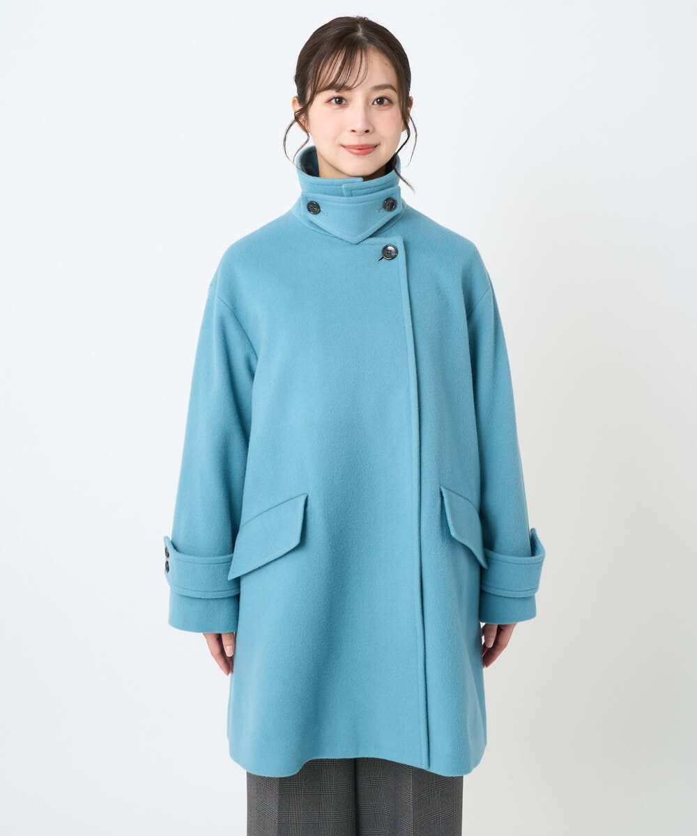 F1UAD50400 MK MICHEL KLEIN(小さいサイズ)(メゾン ドゥ サンク) 【小さいサイズ】SUPER100'sウール スタンドカラーミドルコート ブルーグリーン