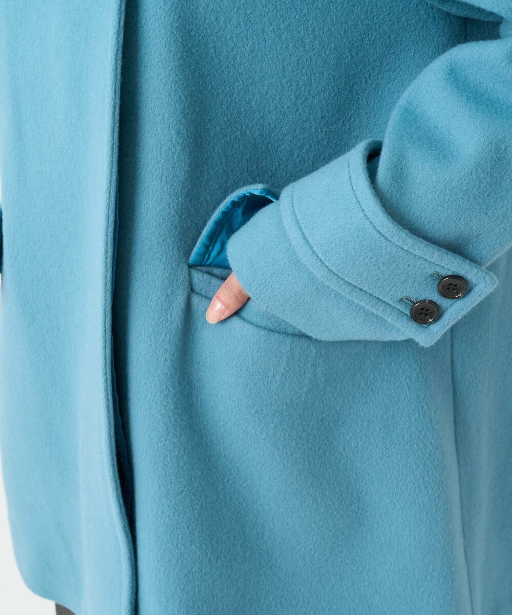 F1UAD50400 MK MICHEL KLEIN(小さいサイズ)(メゾン ドゥ サンク) 【小さいサイズ】SUPER100'sウール スタンドカラーミドルコート ブルーグリーン