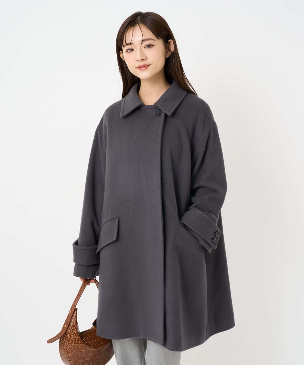 F1UAD50400 MK MICHEL KLEIN(小さいサイズ)(メゾン ドゥ サンク) 【小さいサイズ】SUPER100'sウール スタンドカラーミドルコート ブルーグリーン