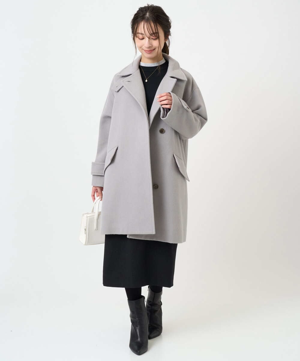 F1UAD50400 MK MICHEL KLEIN(小さいサイズ)(メゾン ドゥ サンク) 【小さいサイズ】SUPER100'sウール スタンドカラーミドルコート ブルーグリーン