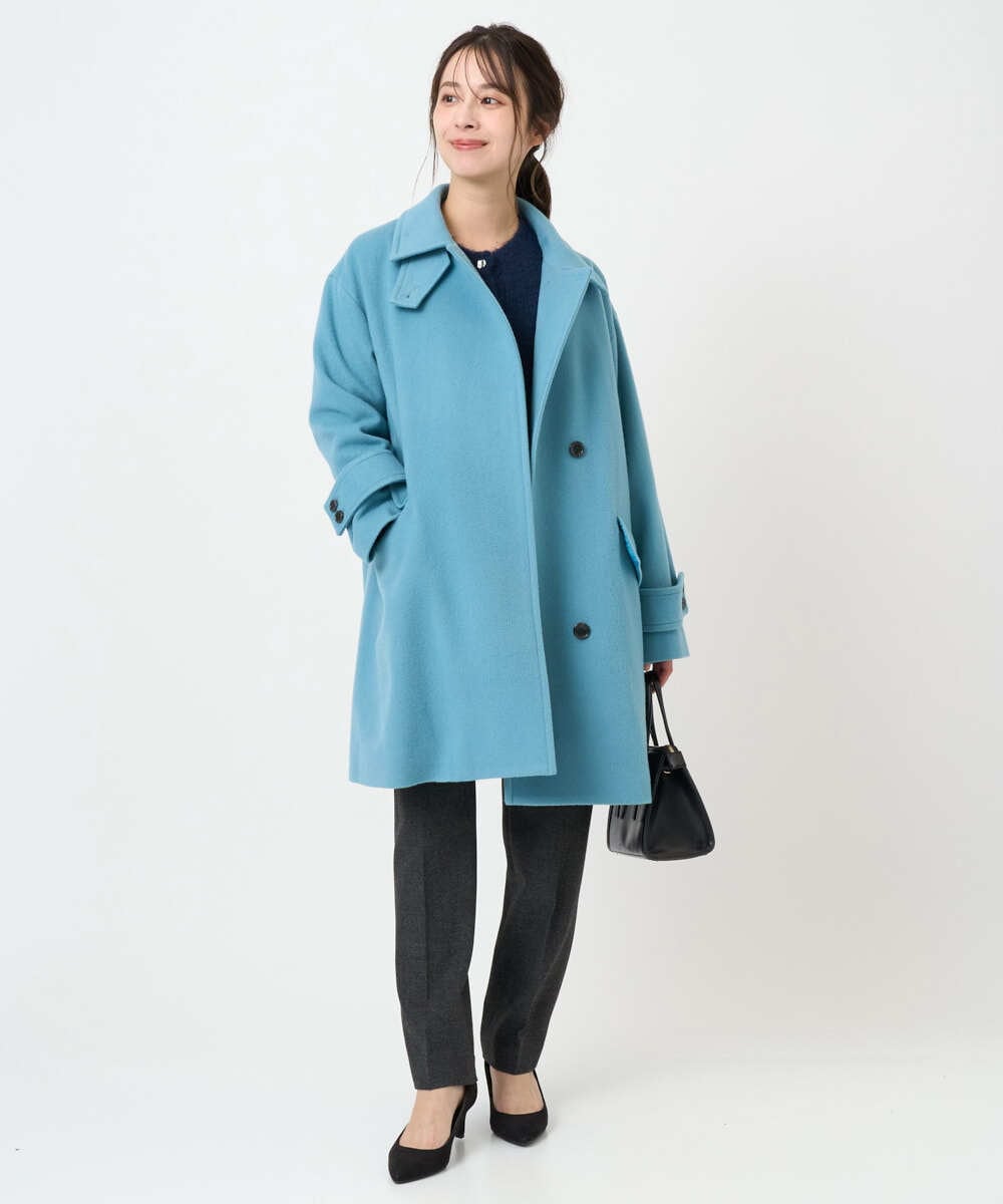 F1UAD50400 MK MICHEL KLEIN(小さいサイズ)(メゾン ドゥ サンク) 【小さいサイズ】SUPER100'sウール スタンドカラーミドルコート ブルーグリーン