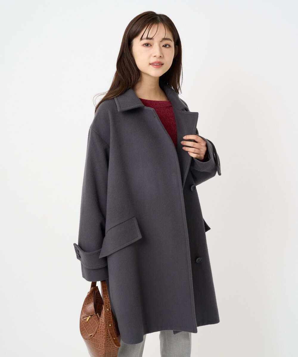 F1UAD50400 MK MICHEL KLEIN(小さいサイズ)(メゾン ドゥ サンク) 【小さいサイズ】SUPER100'sウール スタンドカラーミドルコート ブルーグリーン