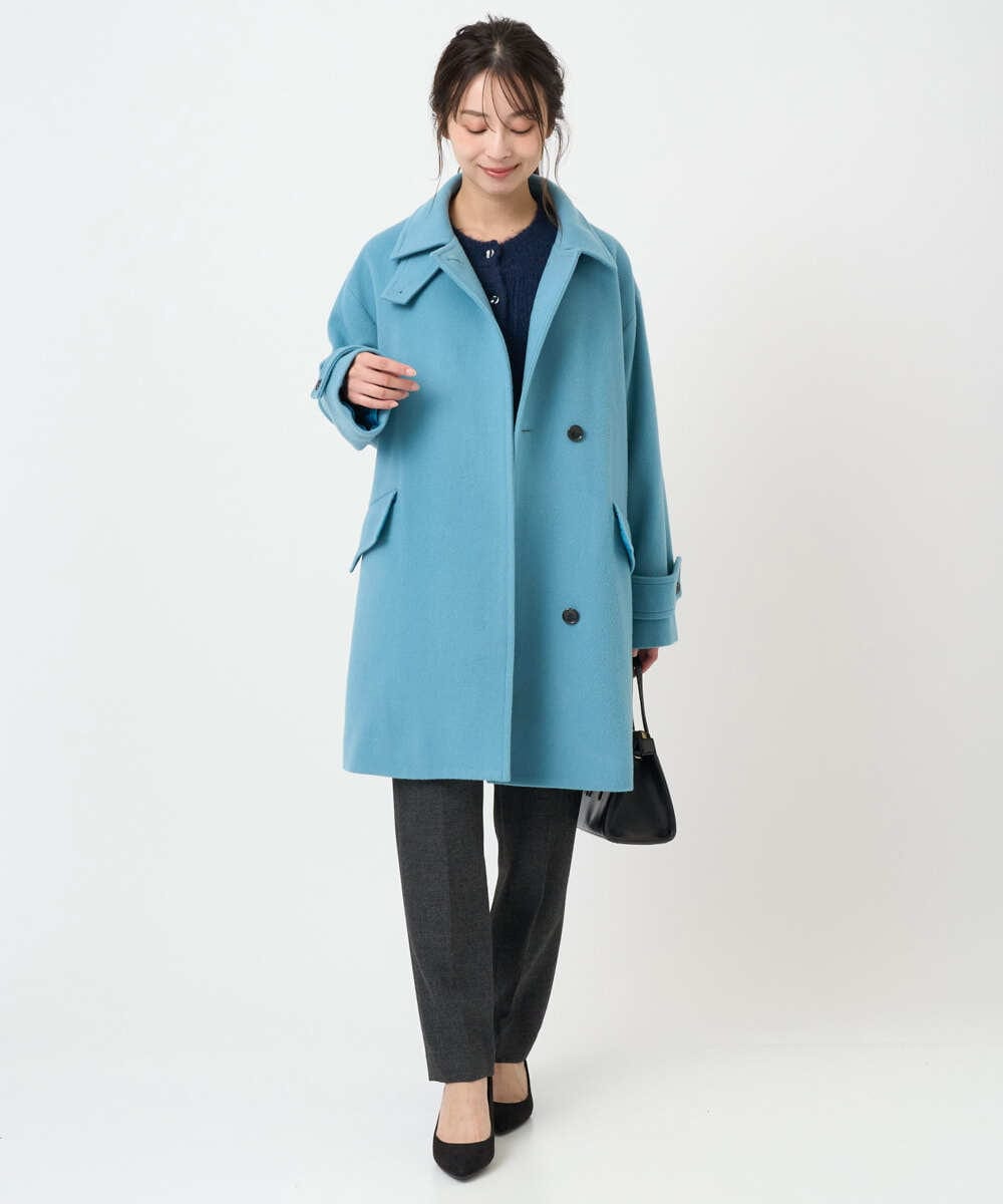 F1UAD50400 MK MICHEL KLEIN(小さいサイズ)(メゾン ドゥ サンク) 【小さいサイズ】SUPER100'sウール スタンドカラーミドルコート ブルーグリーン