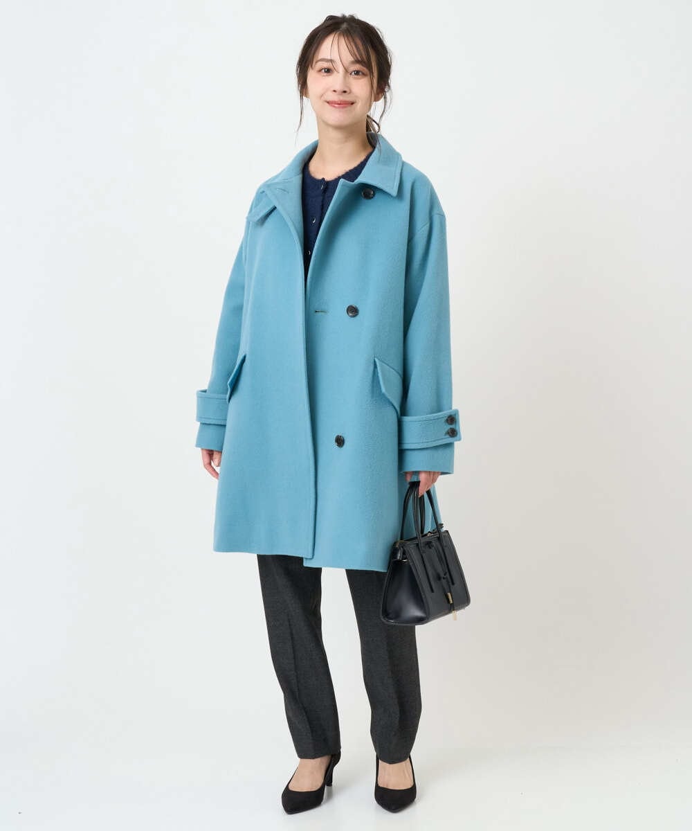 F1UAD50400 MK MICHEL KLEIN(小さいサイズ)(メゾン ドゥ サンク) 【小さいサイズ】SUPER100'sウール スタンドカラーミドルコート ブルーグリーン