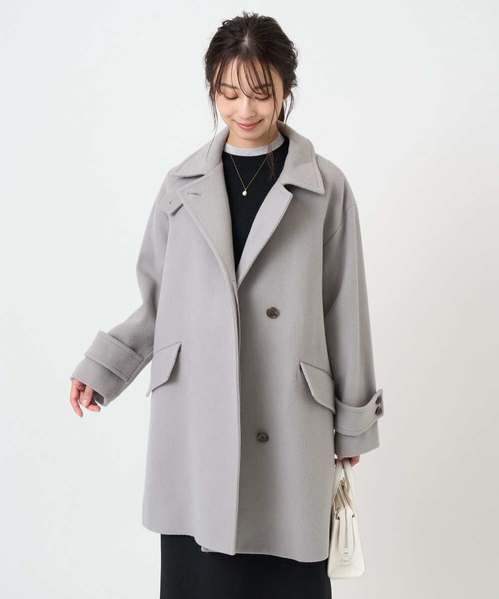 F1UAD50400 MK MICHEL KLEIN(小さいサイズ)(メゾン ドゥ サンク) 【小さいサイズ】SUPER100'sウール スタンドカラーミドルコート ブルーグリーン