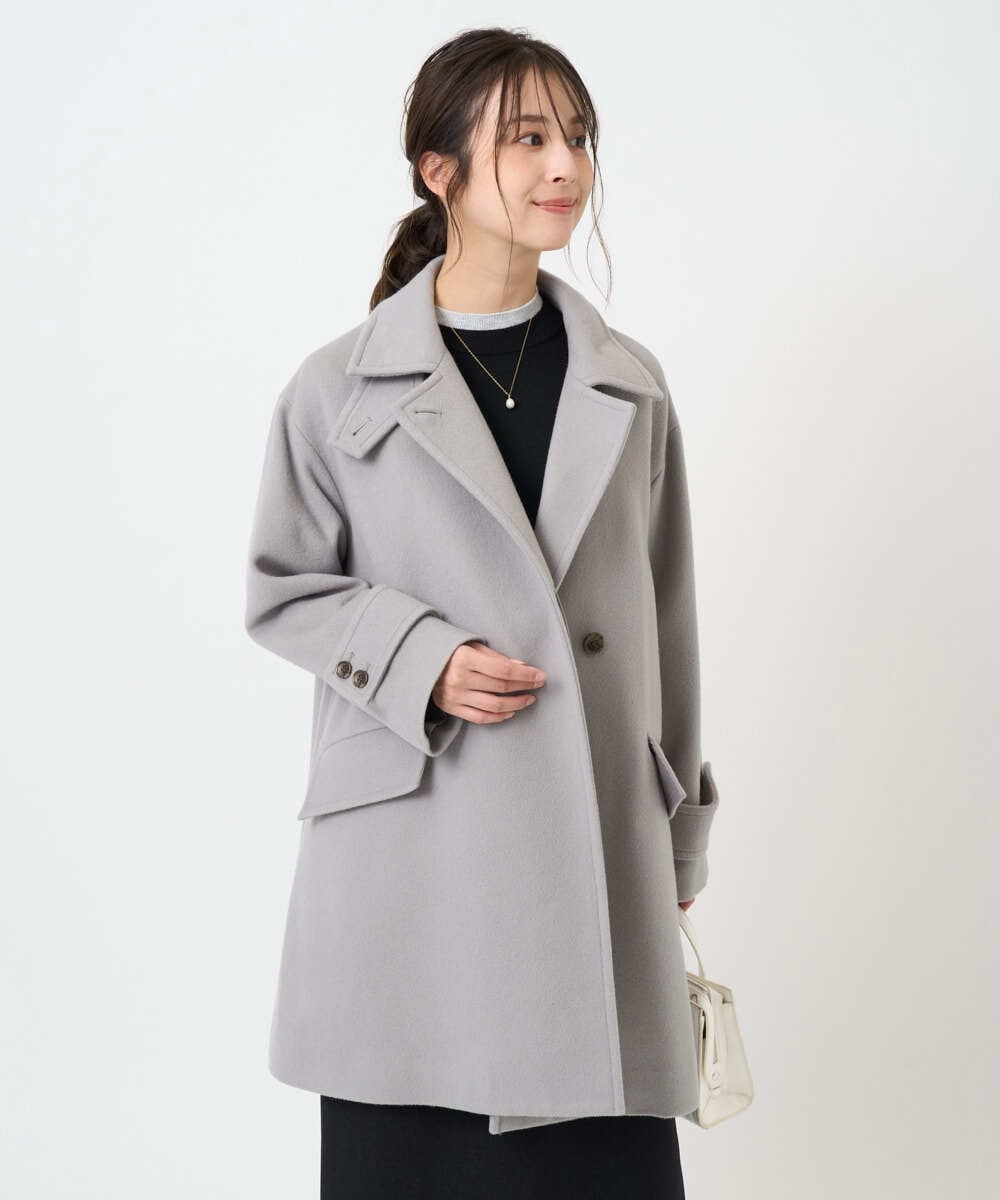 F1UAD50400 MK MICHEL KLEIN(小さいサイズ)(メゾン ドゥ サンク) 【小さいサイズ】SUPER100'sウール スタンドカラーミドルコート ブルーグリーン