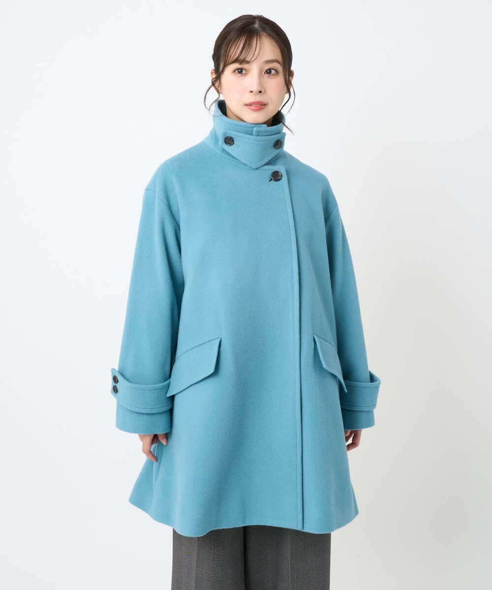 F1UAD50400 MK MICHEL KLEIN(小さいサイズ)(メゾン ドゥ サンク) 【小さいサイズ】SUPER100'sウール スタンドカラーミドルコート ブルーグリーン