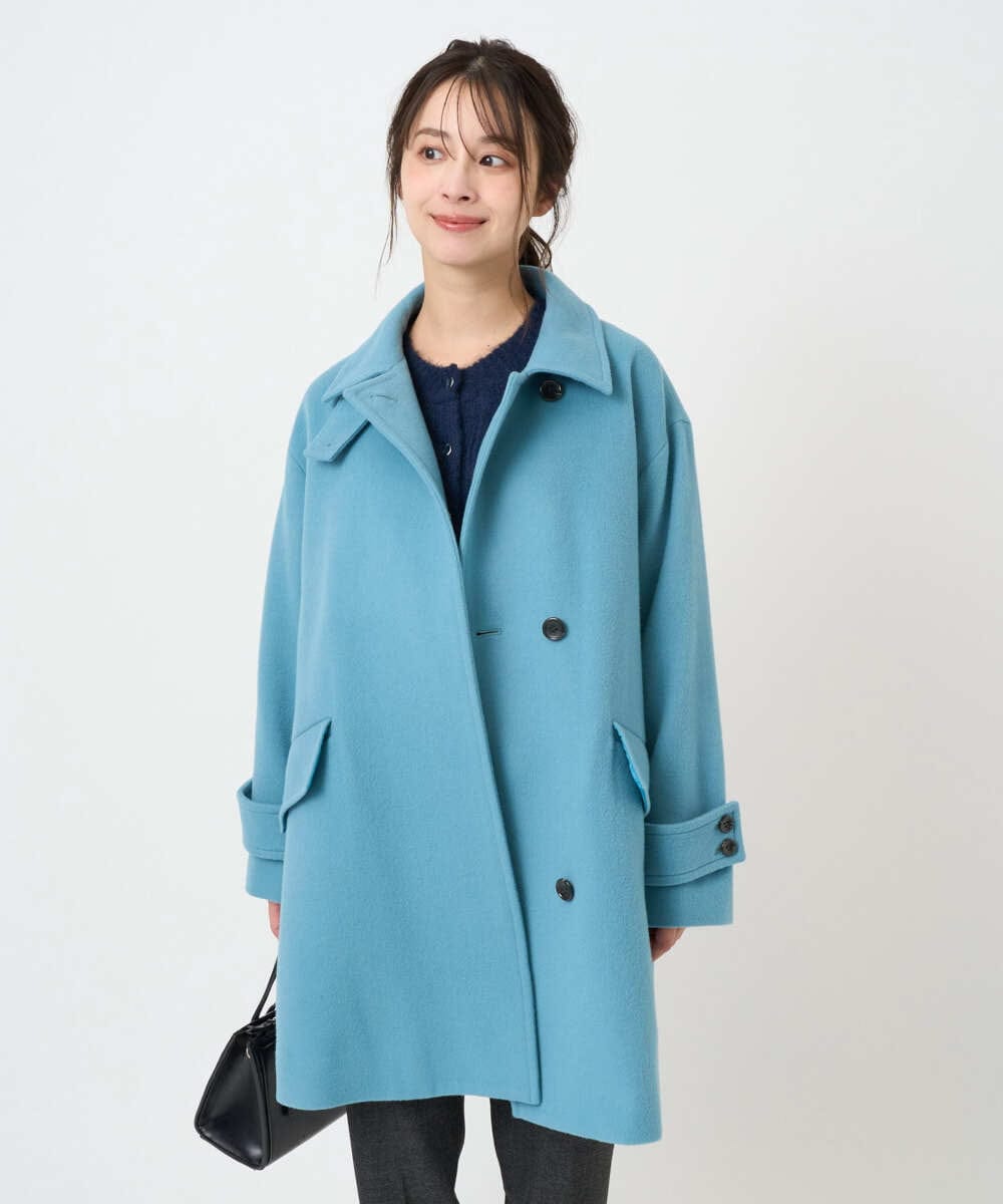 F1UAD50400 MK MICHEL KLEIN(小さいサイズ)(メゾン ドゥ サンク) 【小さいサイズ】SUPER100'sウール スタンドカラーミドルコート ブルーグリーン