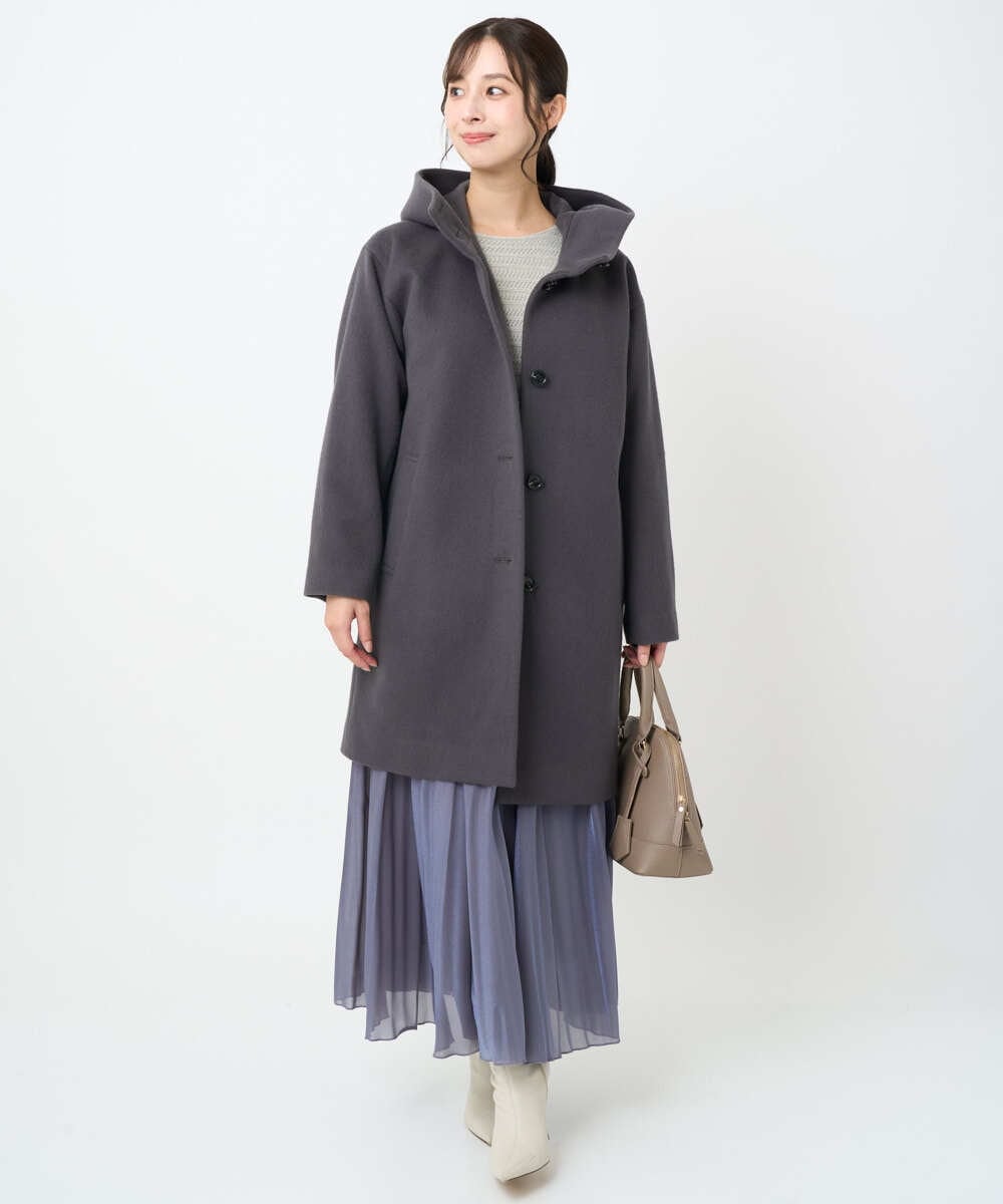 F1UAD52380 MK MICHEL KLEIN(小さいサイズ)(メゾン ドゥ サンク) 【小さいサイズ】SUPER100'sウール フーデットミドルコート ライトグレー