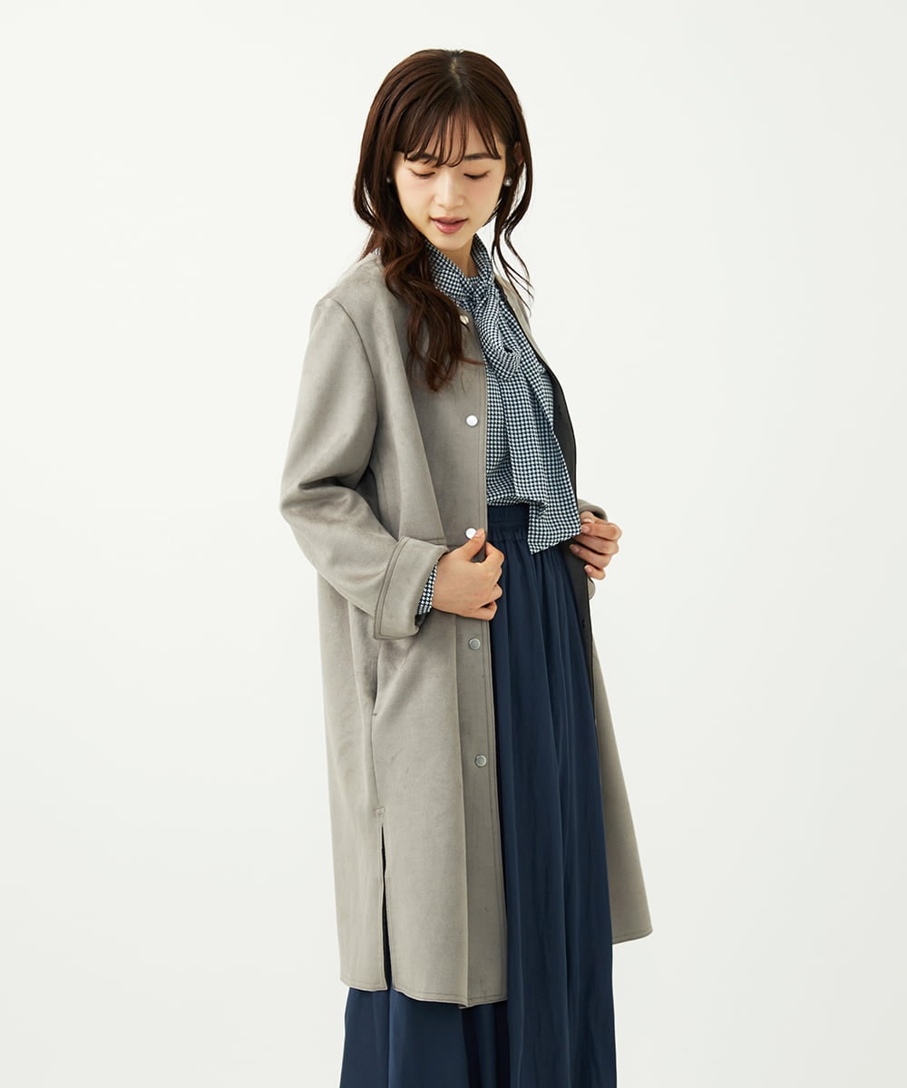 F1VAD32220 MK MICHEL KLEIN(小さいサイズ)(メゾン ドゥ サンク) 【小さいサイズ】フェイクスウェードノーカラーコート/洗える グレー