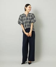 F6BAD15180 MICHEL KLEIN(小さいサイズ)(メゾン ドゥ サンク) [小さいサイズ][セットアップ対応]ギャザーブラウス　シアーチェック柄 ブラック