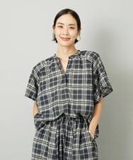 F6BAD15180 MICHEL KLEIN(小さいサイズ)(メゾン ドゥ サンク) [小さいサイズ][セットアップ対応]ギャザーブラウス　シアーチェック柄 ブラック