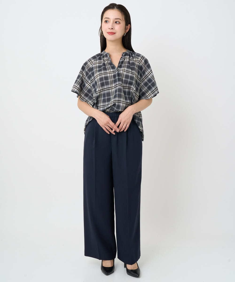 F6BAD15180 MICHEL KLEIN(小さいサイズ)(メゾン ドゥ サンク) [小さいサイズ][セットアップ対応]ギャザーブラウス　シアーチェック柄 ブラック