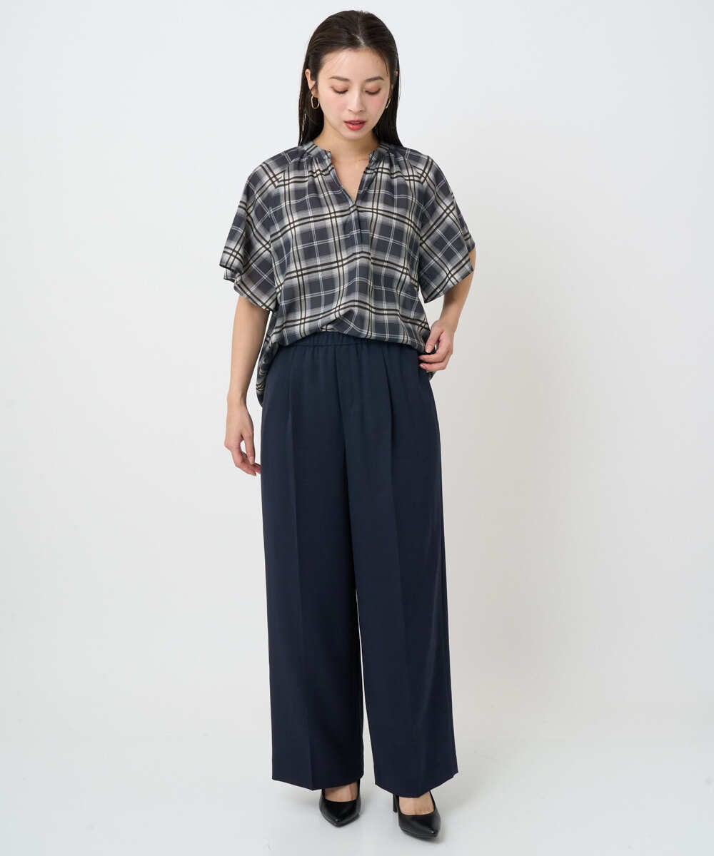 F6BAD15180 MICHEL KLEIN(小さいサイズ)(メゾン ドゥ サンク) [小さいサイズ][セットアップ対応]ギャザーブラウス　シアーチェック柄 ブラック