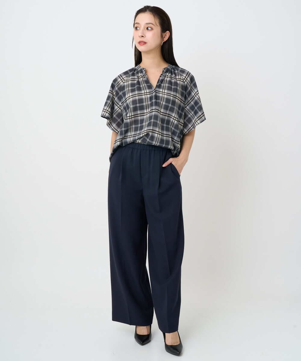 F6BAD15180 MICHEL KLEIN(小さいサイズ)(メゾン ドゥ サンク) [小さいサイズ][セットアップ対応]ギャザーブラウス　シアーチェック柄 ブラック