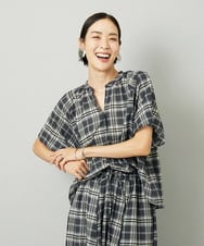 F6BAD15180 MICHEL KLEIN(小さいサイズ)(メゾン ドゥ サンク) [小さいサイズ][セットアップ対応]ギャザーブラウス　シアーチェック柄 ブラック