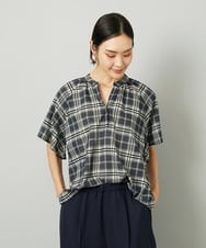 F6BAD15180 MICHEL KLEIN(小さいサイズ)(メゾン ドゥ サンク) [小さいサイズ][セットアップ対応]ギャザーブラウス　シアーチェック柄 ブラック