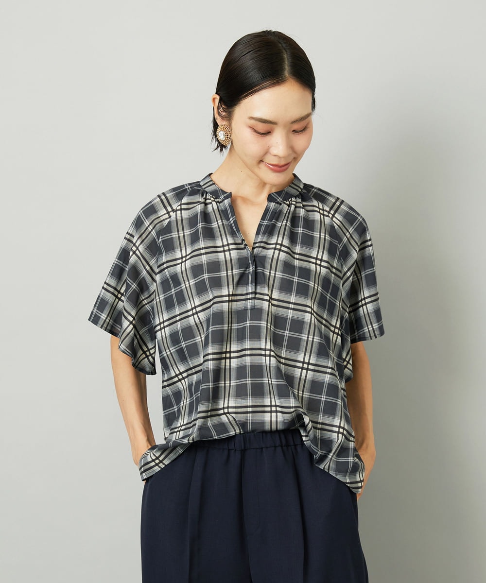 F6BAD15180 MICHEL KLEIN(小さいサイズ)(メゾン ドゥ サンク) [小さいサイズ][セットアップ対応]ギャザーブラウス　シアーチェック柄 ブラック