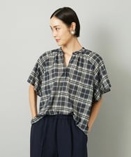 F6BAD15180 MICHEL KLEIN(小さいサイズ)(メゾン ドゥ サンク) [小さいサイズ][セットアップ対応]ギャザーブラウス　シアーチェック柄 ブラック