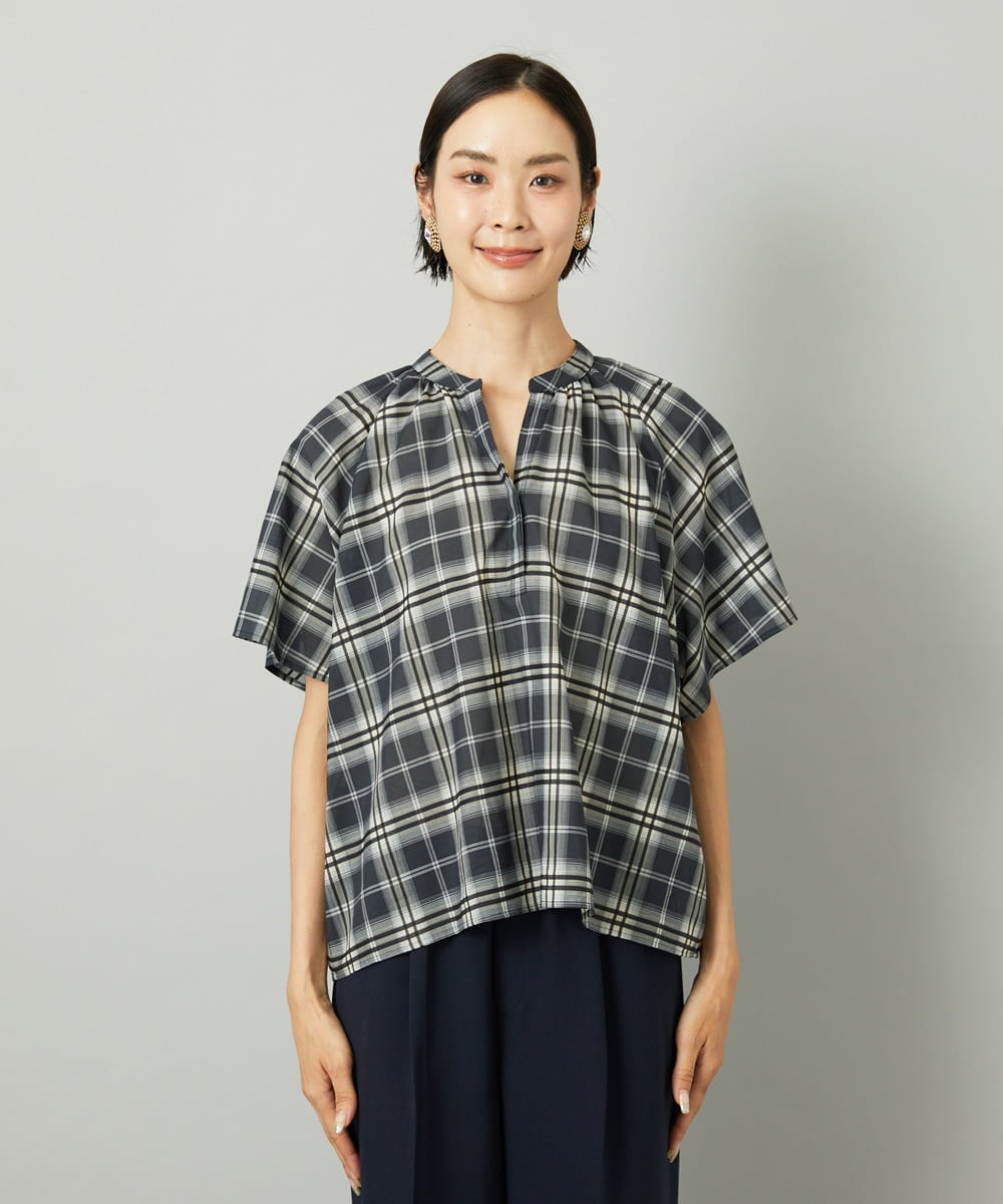 F6BAD15180 MICHEL KLEIN(小さいサイズ)(メゾン ドゥ サンク) [小さいサイズ][セットアップ対応]ギャザーブラウス　シアーチェック柄 ブラック