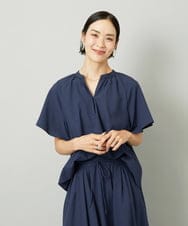 F6BAD18180 MICHEL KLEIN(小さいサイズ)(メゾン ドゥ サンク) [小さいサイズ][セットアップ対応]ギャザーブラウス　サッカー無地 ネイビー