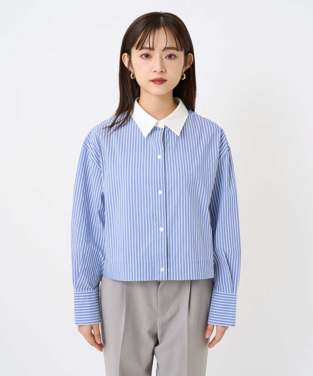 F6BAD19270 MICHEL KLEIN(小さいサイズ)(メゾン ドゥ サンク) [小さいサイズ][2WAY]クレリックオーバーサイズストライプシャツ ブルー