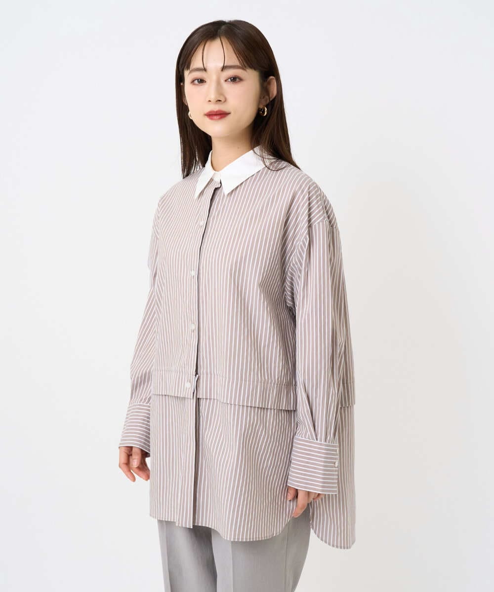 F6BAD19270 MICHEL KLEIN(小さいサイズ)(メゾン ドゥ サンク) [小さいサイズ][2WAY]クレリックオーバーサイズストライプシャツ ブルー