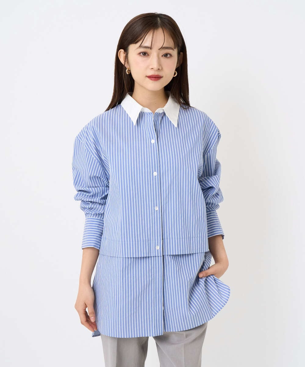 F6BAD19270 MICHEL KLEIN(小さいサイズ)(メゾン ドゥ サンク) [小さいサイズ][2WAY]クレリックオーバーサイズストライプシャツ ブルー