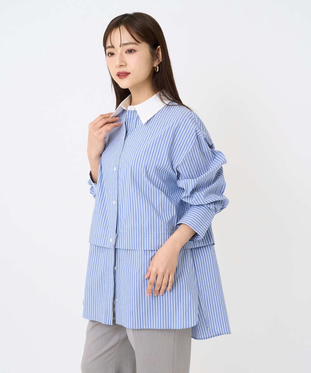 F6BAD19270 MICHEL KLEIN(小さいサイズ)(メゾン ドゥ サンク) [小さいサイズ][2WAY]クレリックオーバーサイズストライプシャツ ブルー