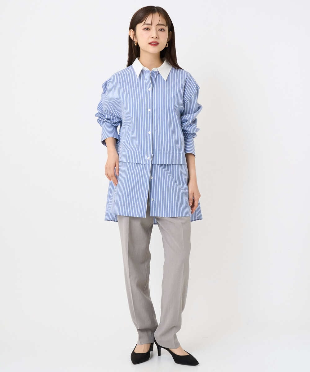 F6BAD19270 MICHEL KLEIN(小さいサイズ)(メゾン ドゥ サンク) [小さいサイズ][2WAY]クレリックオーバーサイズストライプシャツ ブルー