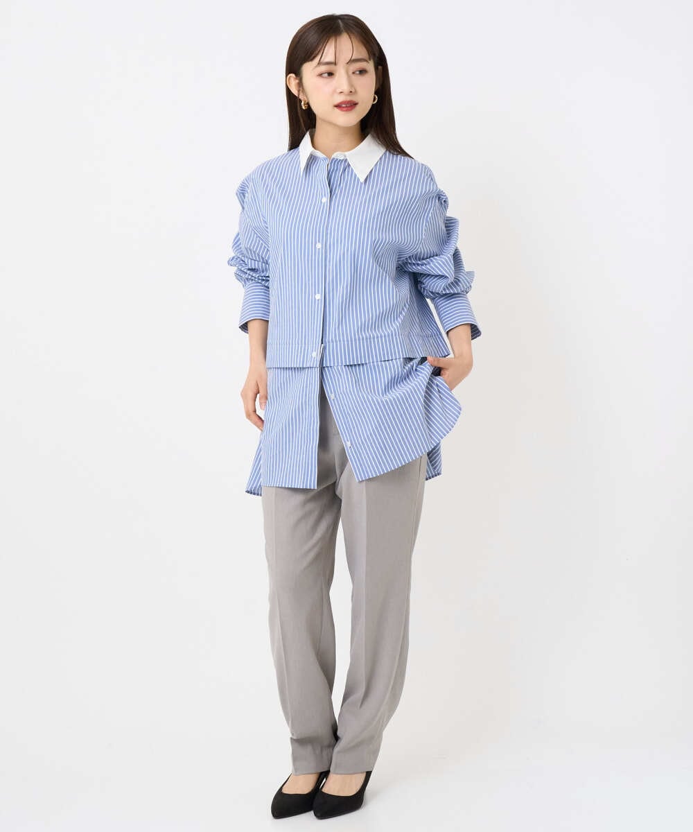 F6BAD19270 MICHEL KLEIN(小さいサイズ)(メゾン ドゥ サンク) [小さいサイズ][2WAY]クレリックオーバーサイズストライプシャツ ブルー