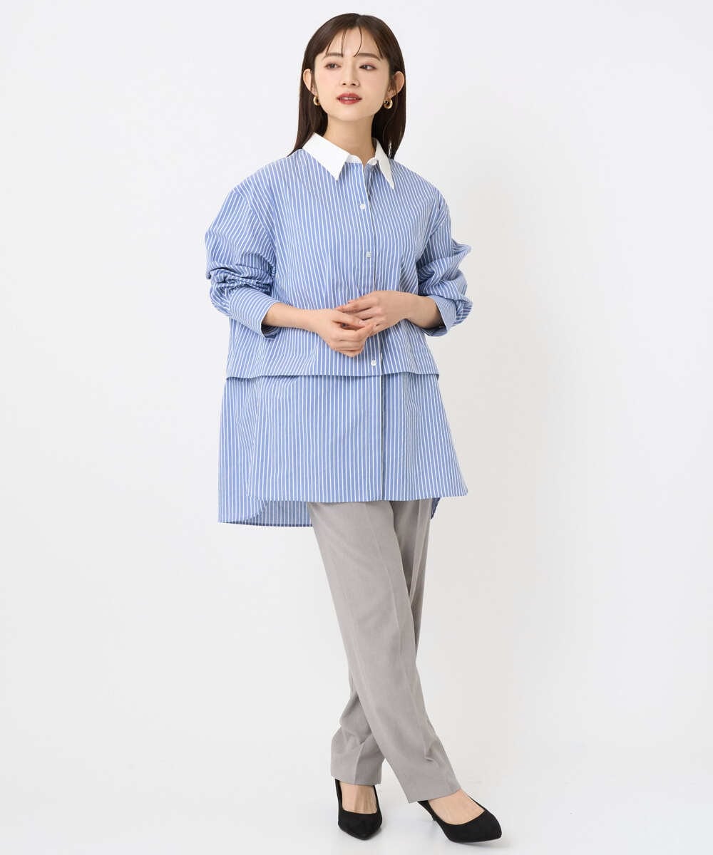 F6BAD19270 MICHEL KLEIN(小さいサイズ)(メゾン ドゥ サンク) [小さいサイズ][2WAY]クレリックオーバーサイズストライプシャツ ブルー