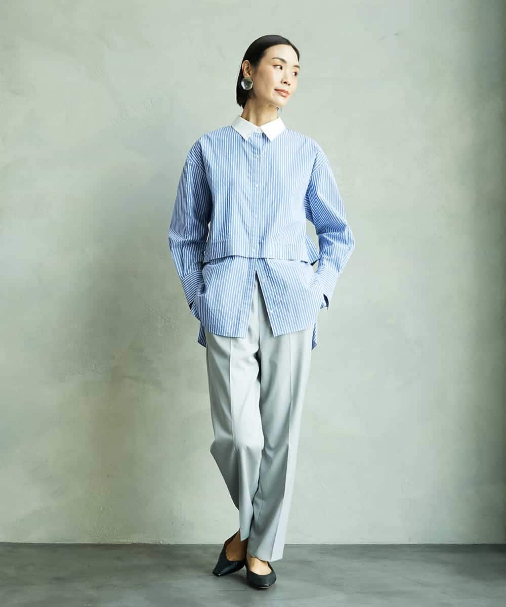 F6BAD19270 MICHEL KLEIN(小さいサイズ)(メゾン ドゥ サンク) [小さいサイズ][2WAY]クレリックオーバーサイズストライプシャツ ブルー