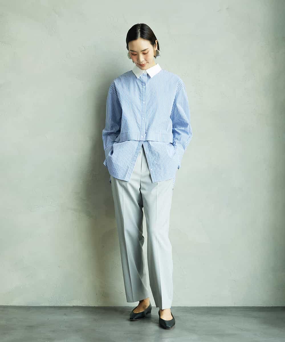 F6BAD19270 MICHEL KLEIN(小さいサイズ)(メゾン ドゥ サンク) [小さいサイズ][2WAY]クレリックオーバーサイズストライプシャツ ブルー