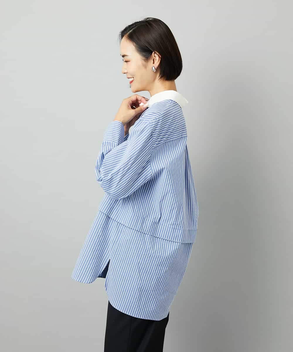F6BAD19270 MICHEL KLEIN(小さいサイズ)(メゾン ドゥ サンク) [小さいサイズ][2WAY]クレリックオーバーサイズストライプシャツ ブルー
