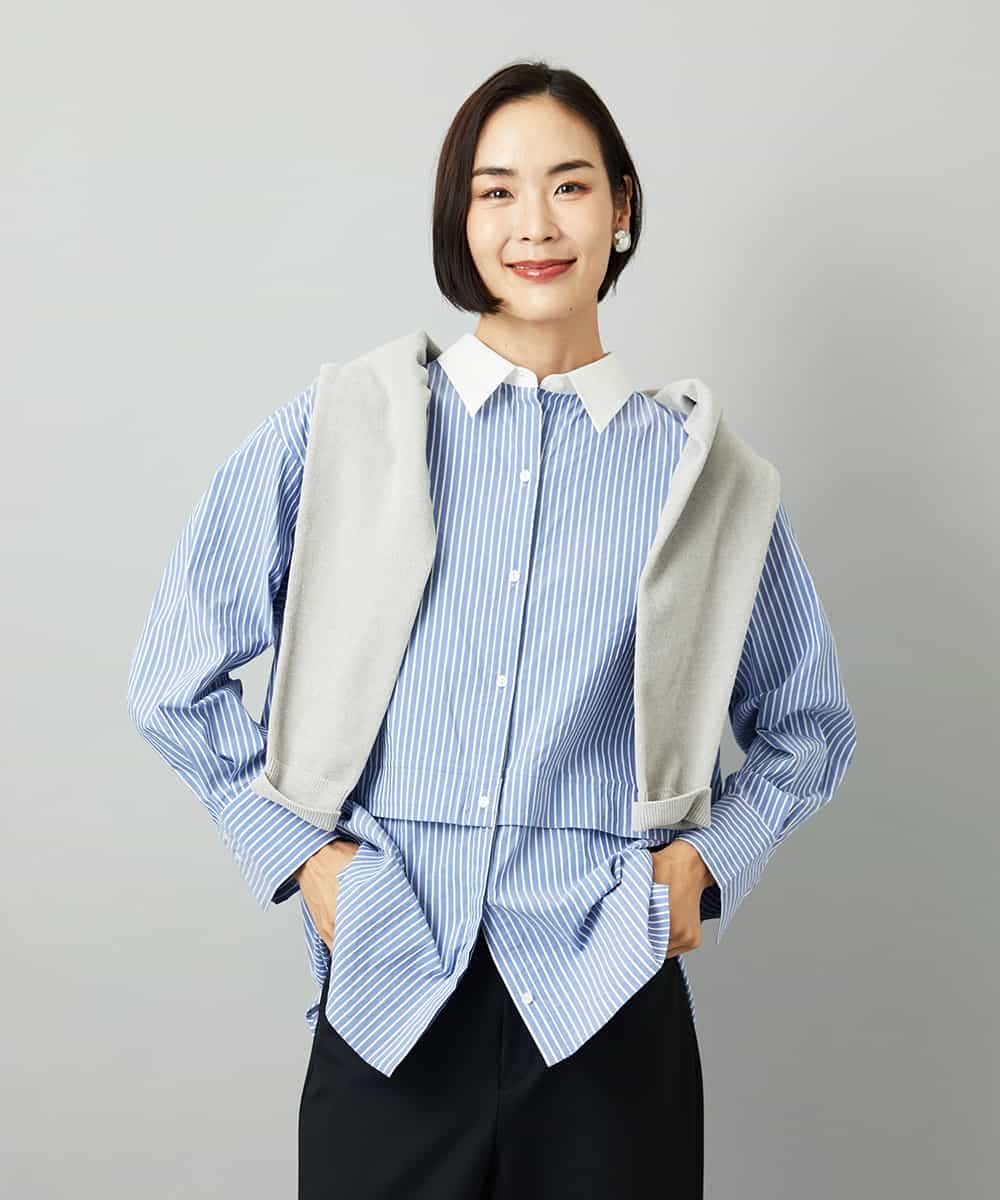 F6BAD19270 MICHEL KLEIN(小さいサイズ)(メゾン ドゥ サンク) [小さいサイズ][2WAY]クレリックオーバーサイズストライプシャツ ブルー